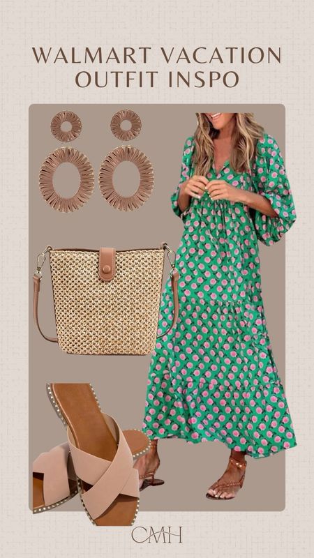 The texture on this Walmart dress, earrings, and tote are so fun! Vacation outfit. Summer dress. And those sandals are so cute.

#LTKParties #LTKTravel #LTKSeasonal