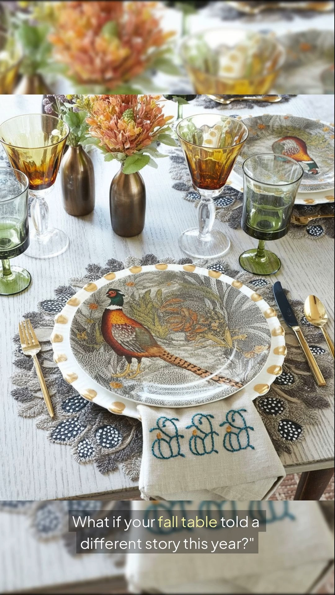 Looking for fall party tablesetting inspiration?  Look no further than this nature-inspired tablescape. The most captivating tablescapes begin not with a shopping list, but with a story. This particular setting whispers of early morning walks through rustling leaves, the flash of a ring-necked pheasant's iridescent feathers, and the sophisticated beauty of wildlife in its natural habitat. Shop our hand-picked table pieces on LTK and read the whole story on our website.  

 #LTKHome #LTKParties