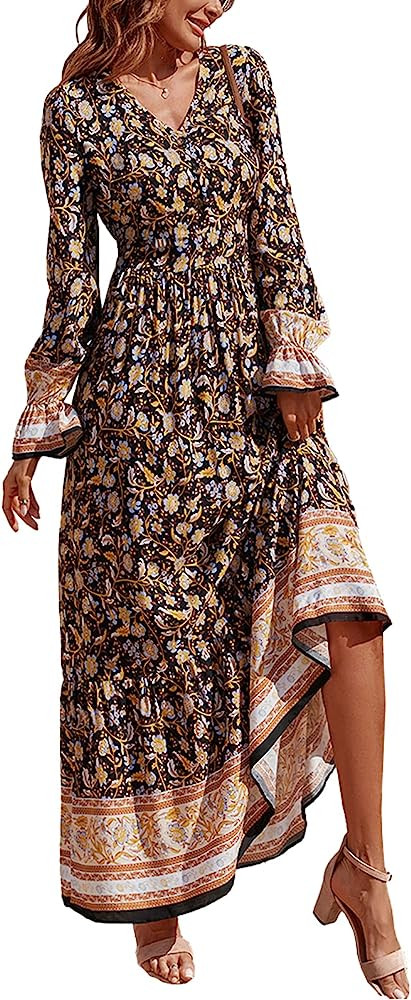 PRETTYGARDEN Long Sleeve Maxi Dress for Women - V Neck Casual Button Down Boho Floral Print Fall ... | Amazon (US)