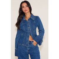 Petite Mid Blue Wash Long Sleeve Fitted Denim Shirt | PrettyLittleThing US