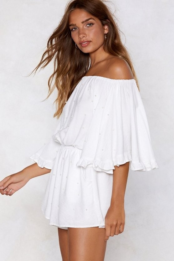 Off The Shoulder Ruffle Sleeve Romper | Nasty Gal (US)