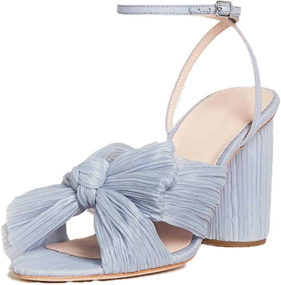 Uacllcau Women's Heeled Sandals Bow Knot Open Toe Ankle Strap Chunky Heels Sandals Bridal Wedding... | Amazon (US)