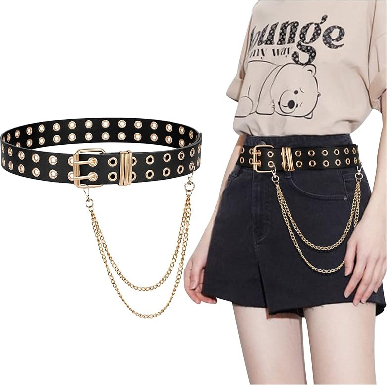 FIORETTO Grommet Leather Belt with Detachable Chain Women Men Punk Rock Waist Belts for Jeans Pan... | Amazon (US)