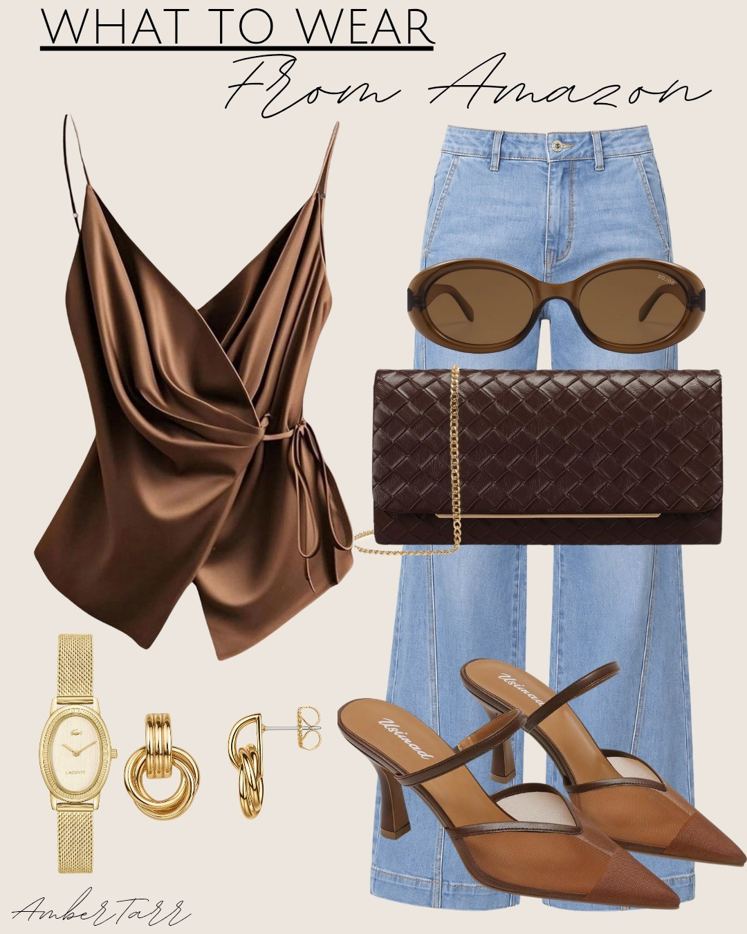Chocolate brown satin wrap top paired with wide leg light wash jeans, a woven leather clutch, pointed toe brown mesh heels, retro oval sunglasses, gold knot earrings, and a dainty gold watch. This brown and denim outfit from Amazon is effortlessly chic and perfect for a casual date night or dinner out. Simple, affordable, and so easy to style.

#LTKootd #LTKgrwm #LTKOver40