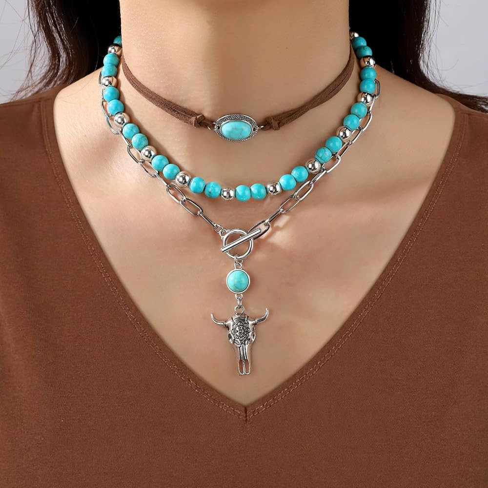 Western Jewelry for Women - Boho Turquoise Jewelry Set with Turquoise Necklace, Earrings, Bracelet & Rings | Amazon (US)