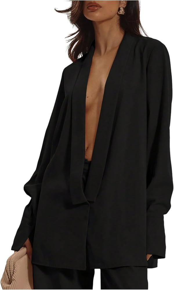 MakeMeChic Women's Deep V Neck Blouse Shawl Collar Long Sleeve Business Old Money Shirt | Amazon (US)