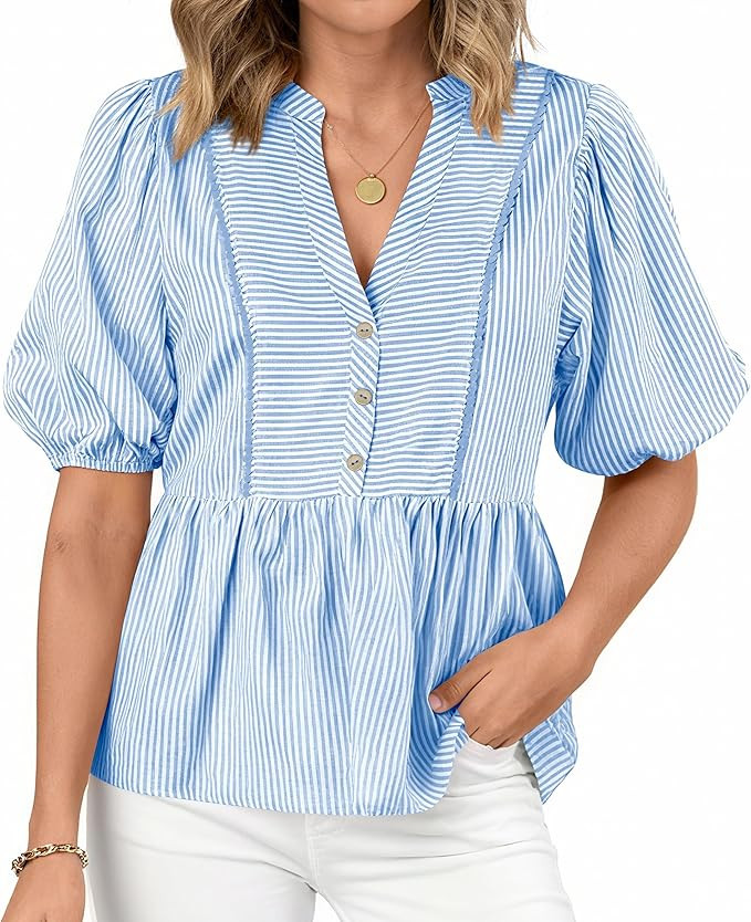 dowerme Womens Summer Tops 2026 Fashion Lantern Short Sleeve V Neck Button Peplum Shirts Spring S... | Amazon (US)