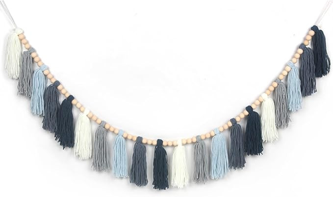 Dusty Blue Yarn Tassel Garland Wall Hanging Decor Coastal Boho Tassels Bunting Banner for Nursery... | Amazon (US)