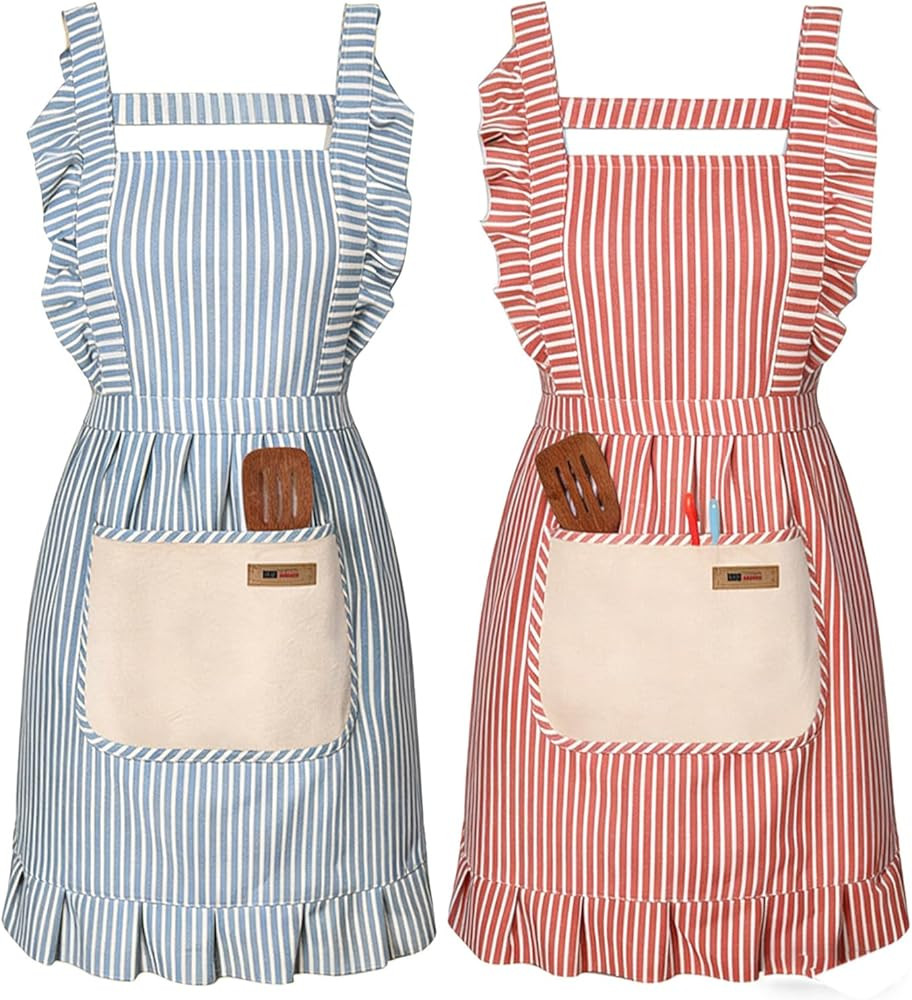 2 Pack Adjustable Kitchen Apron Cooking Apron For Women For Men With Pockets Work Apron Grill Res... | Amazon (US)