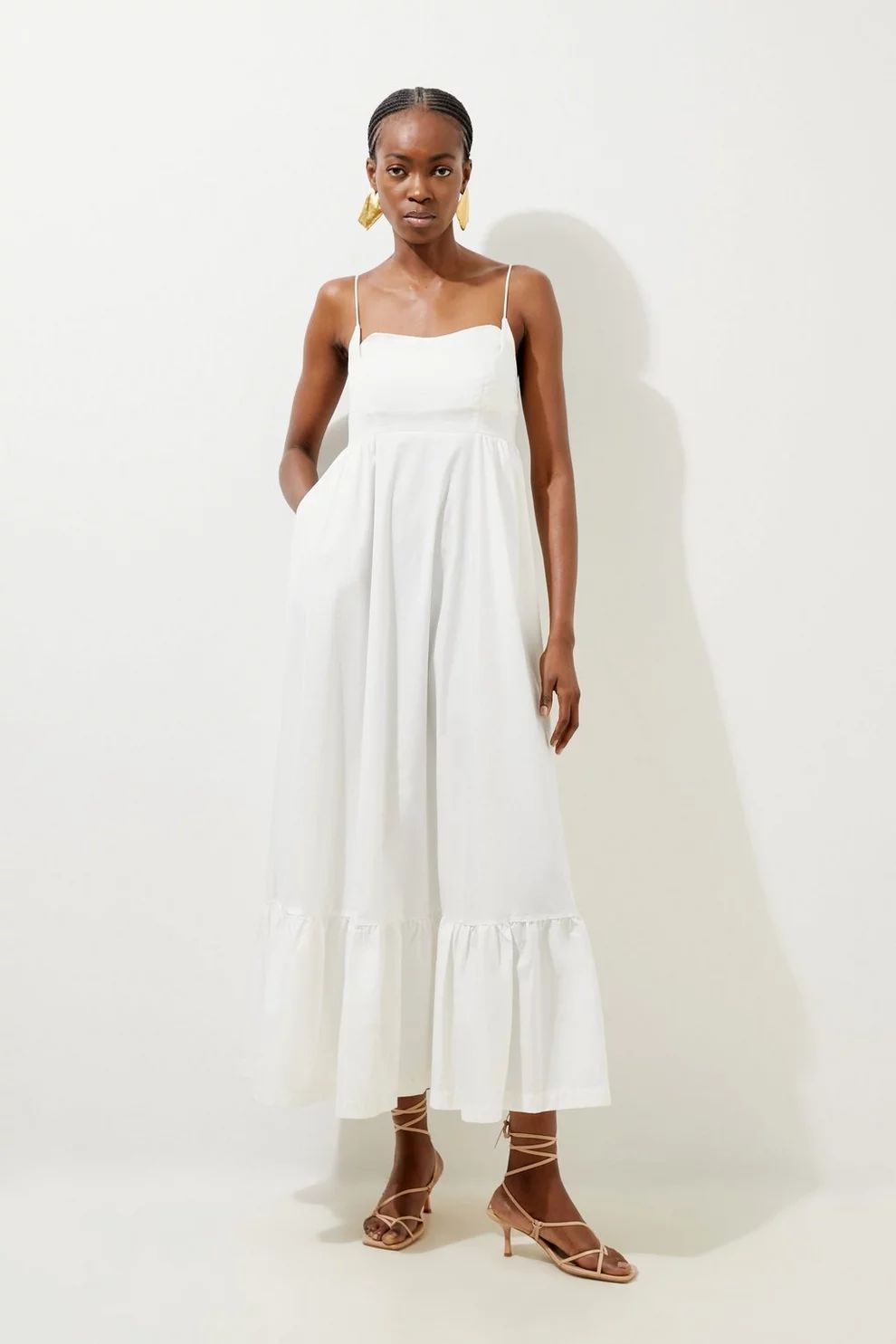 Cotton Topstitch Strappy Maxi Dress | Karen Millen US