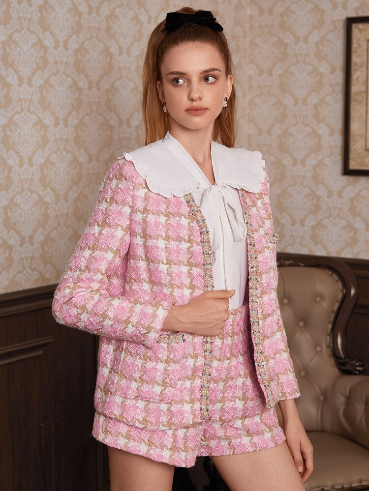 SHEIN MOD Pearls Beaded Plaid Tweed Jacket & Shorts Without Shirt | SHEIN
