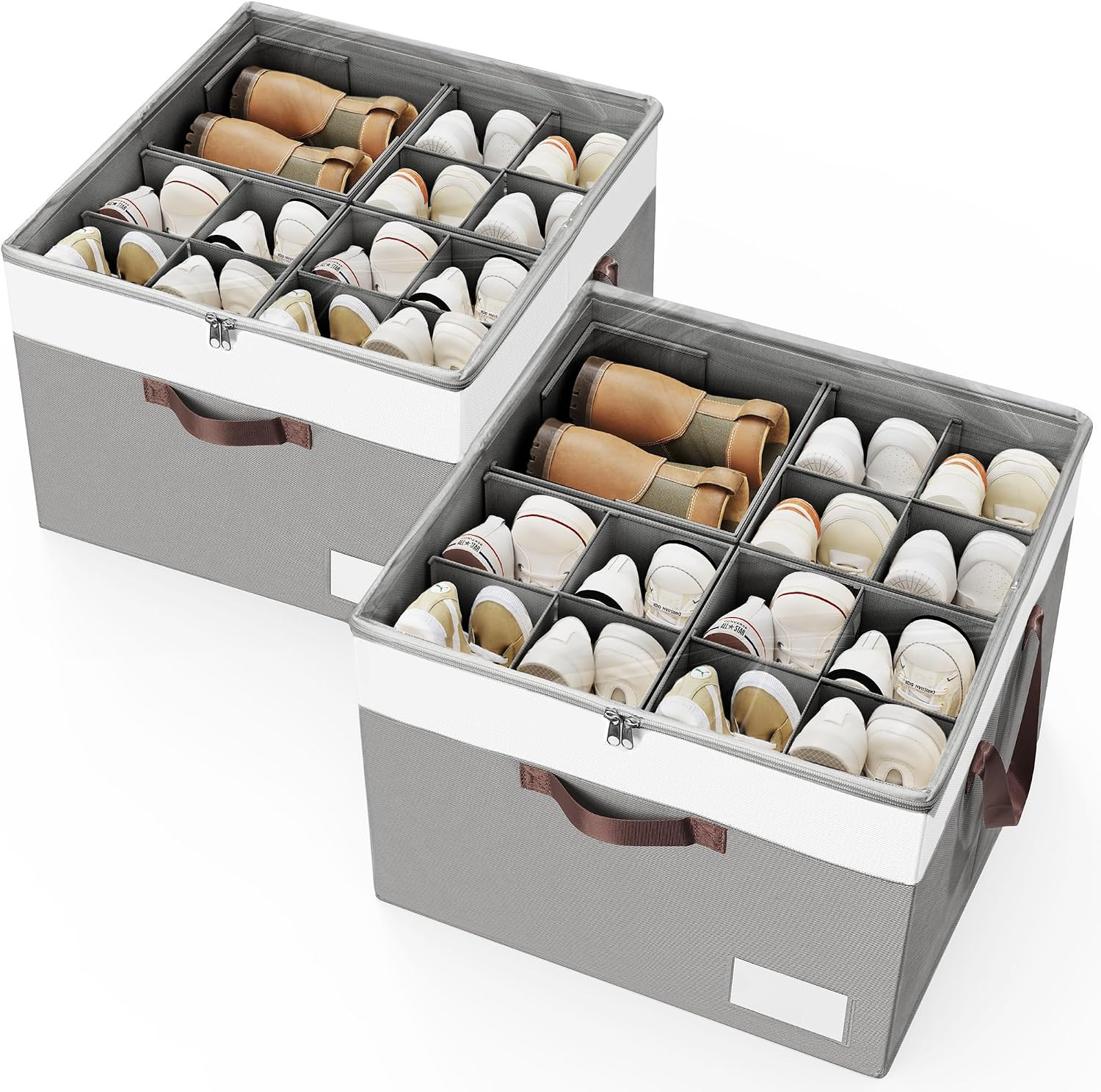Shoe Organizer for Closet, 2 Pack Foldable Shoe Storage Organizer Box Bin with Adjustable Dividers and Clear Cover, Closet Shoe Storage for Sneakers Sandals Boots, Fit 16-32 Pairs, Gray | Amazon (US)
