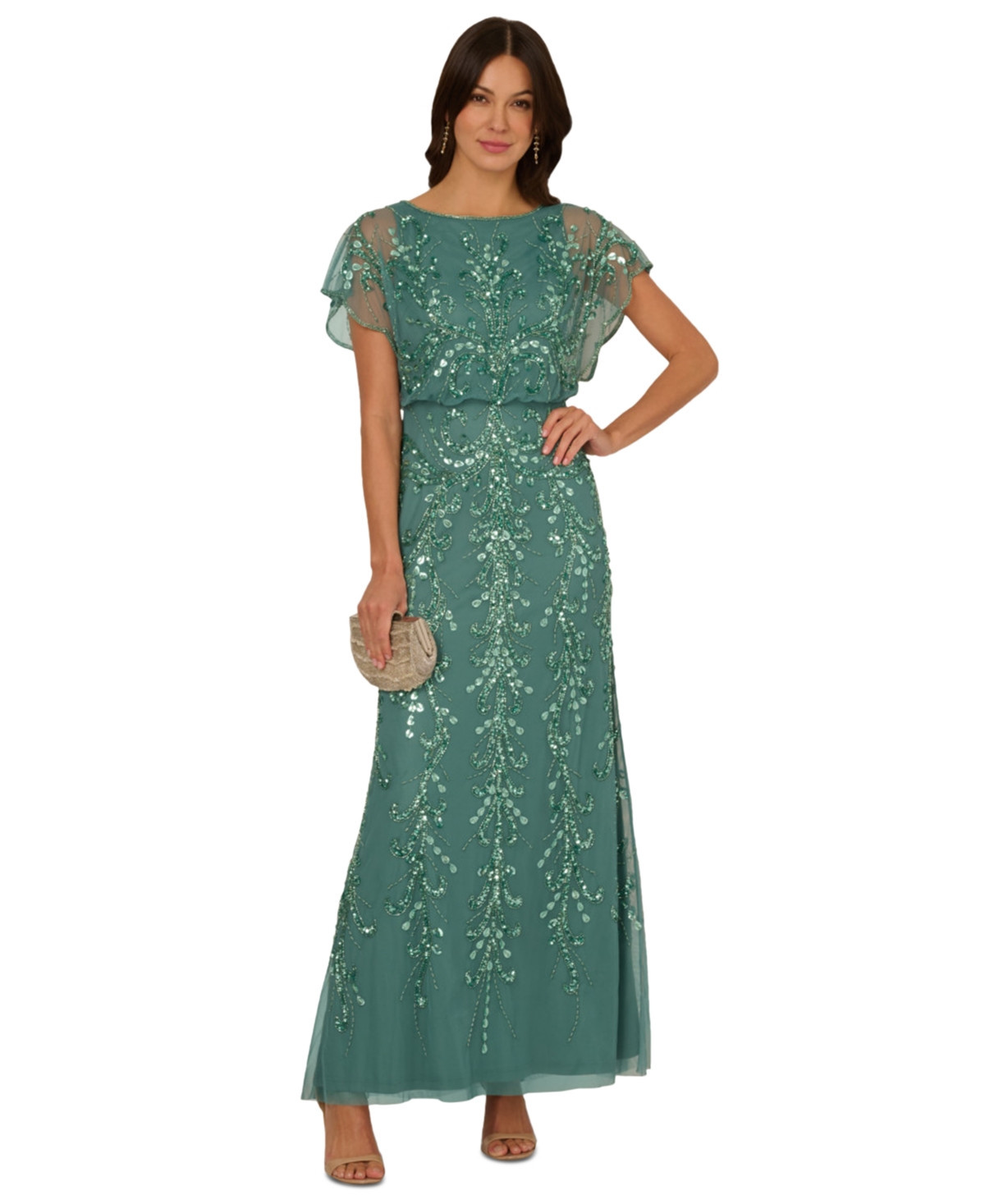 Adrianna Papell Women's Beaded Blouson-Sleeve Gown - Green Slate | Macy's