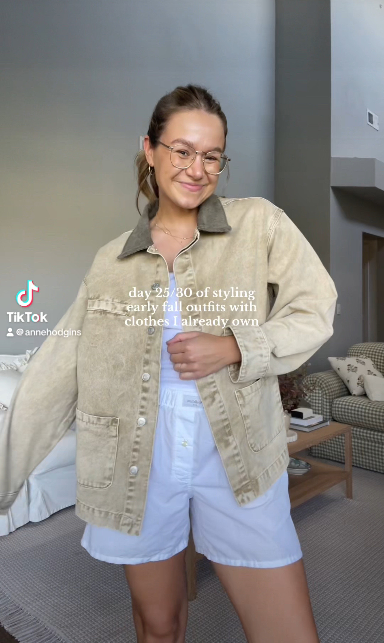 Jacket is Glassons, wearing a medium. Tank is Glassons, wearing a medium. Boxer shorts are Target, wearing a medium. Shoes are Franco Sarto. Glasses are Eyebuydirect (gold color, size medium)