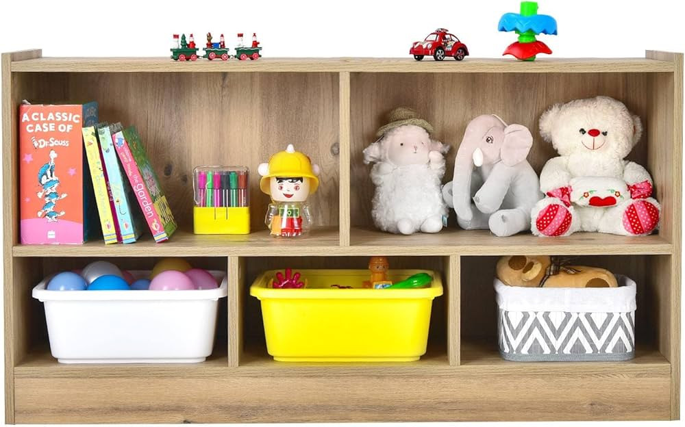 KOTEK Toy Storage Organizer, 5 Cubby Kids Bookshelf, Wooden 3-Tier Bookcase Storage Cabinet, Open... | Amazon (US)