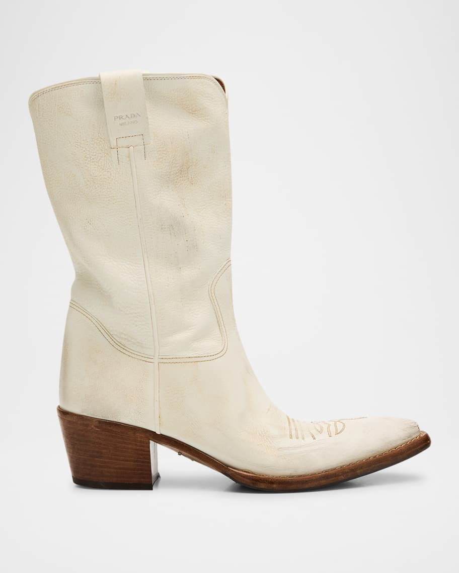 Prada Distressed Calfskin Short Cowboy Boots | Neiman Marcus