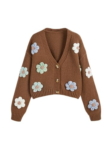 CIDER Women’s Floral Cropped Cardigan Cute Flower V Neck Button Down Trendy Sweater: Coffee, M | Amazon (US)