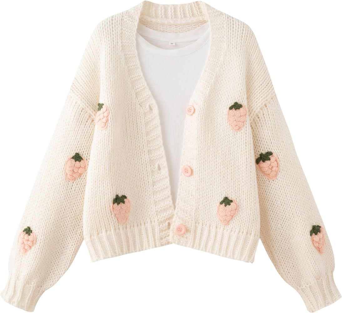 FindThy Women’s Kawaii Strawberry Embroidered Cardigan Long Sleeve V Neck Chunky Knitted Cardig... | Amazon (US)