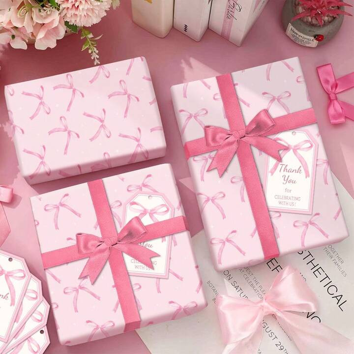 Pink Bow Wrapping Paper And Charming And Cute Bow Packaging Label - Not Roll - Watercolor Bowknot... | SHEIN