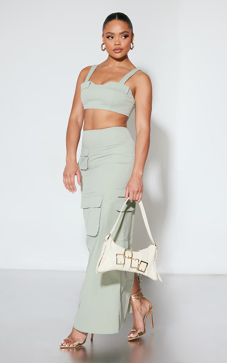Sage Khaki Pocket Detail Cargo Maxi Skirt | PrettyLittleThing US