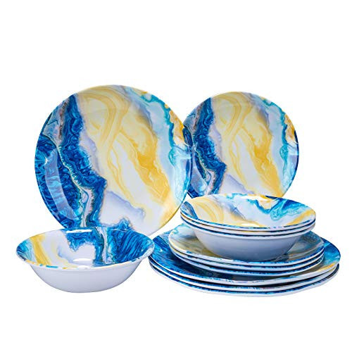 Topmela 12 Pcs Melamine Dinnerware Set - Indoor and Outdoor Durable Plastic Dishes Dishware，Melamine Dinner Plates and Bowls Sets Service for 4，Lightweight Unbreakable（Landscape Painting） | Amazon (US)