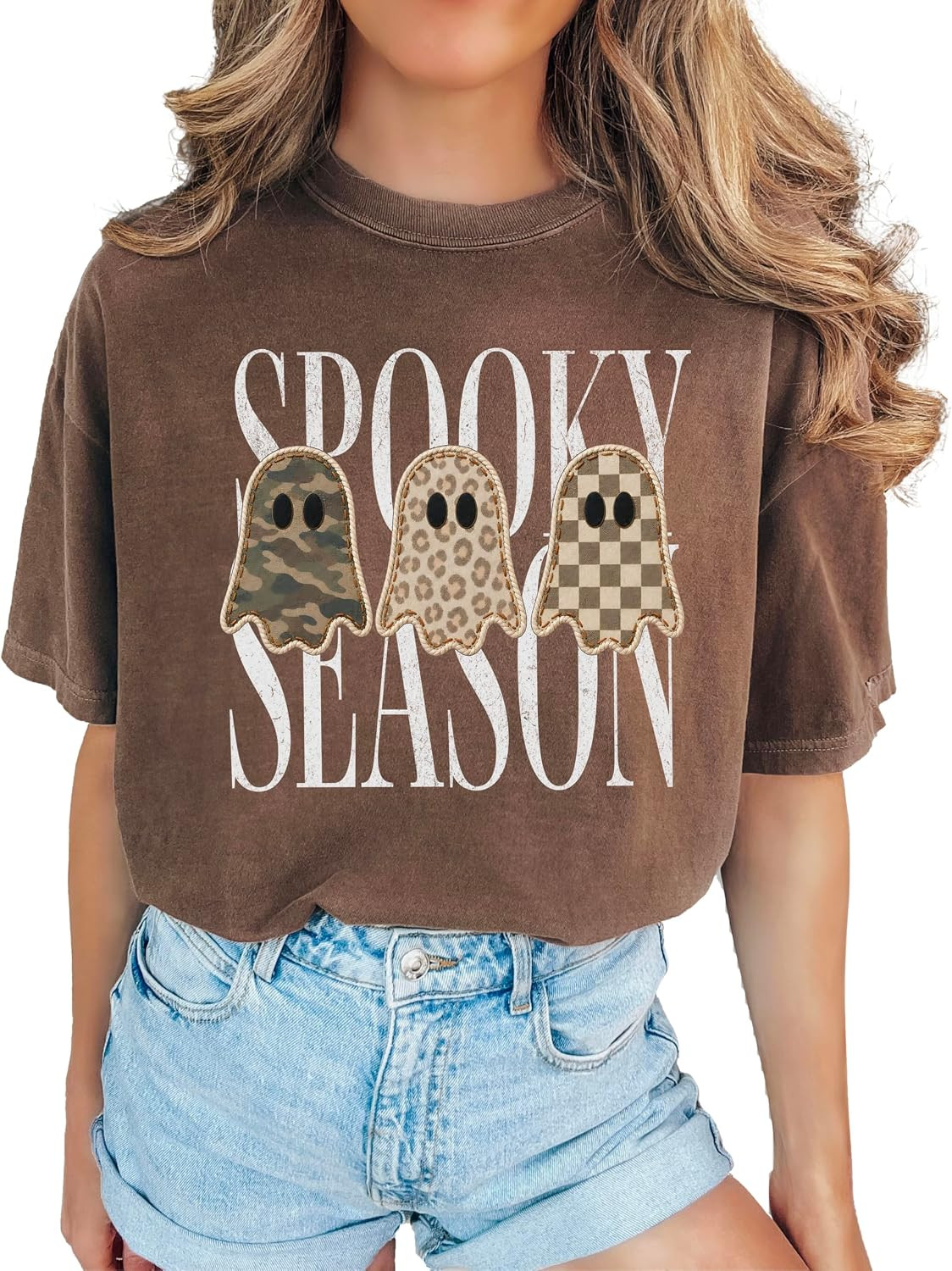 Spooky Season Shirt for Women Leopard Camo Checkered Ghost Halloween Graphic Tee for Teen Girls | Amazon (US)