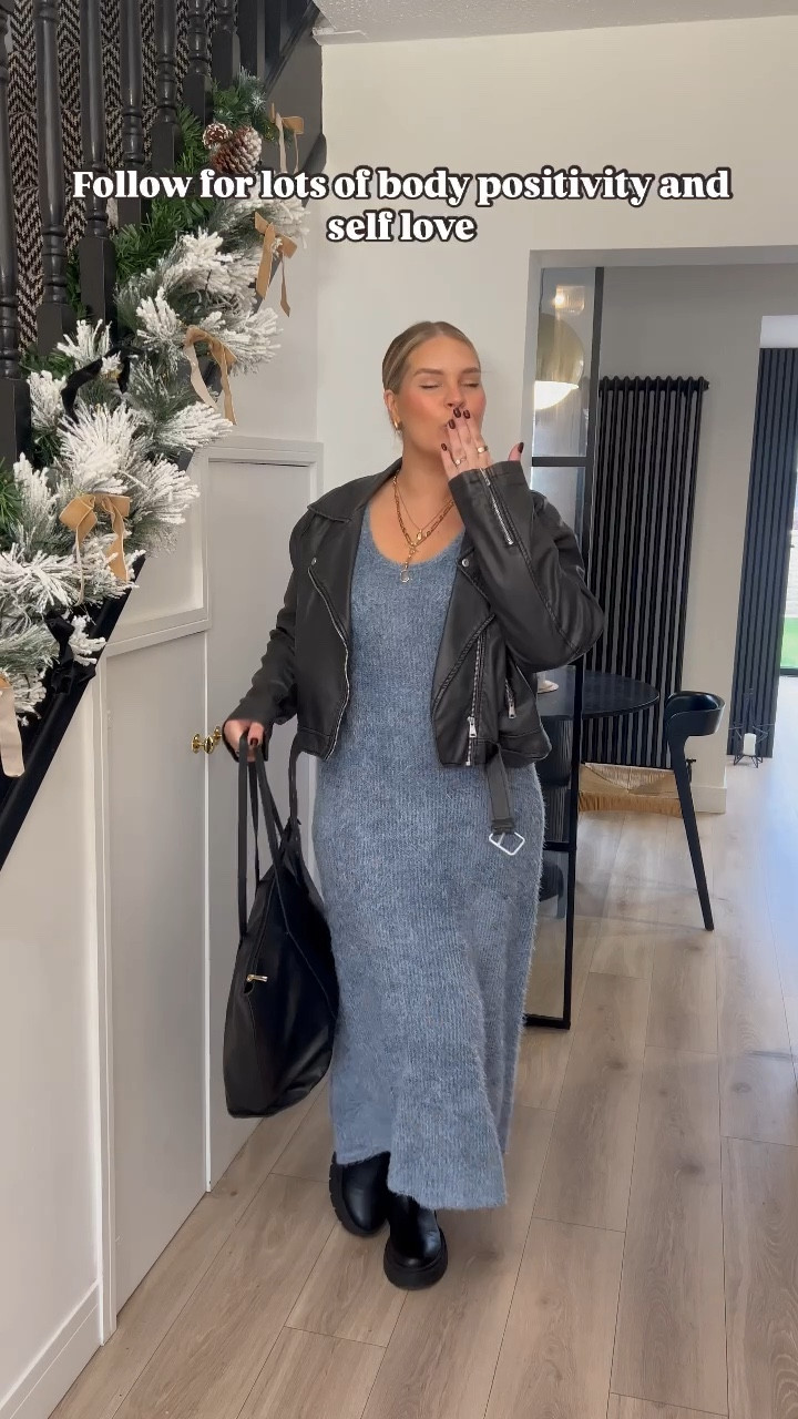 My Christmas shopping day outfit. Fluffy dress. Blue dress. Maxi dress. Size 18. ASOS. Leather jacket. Pretty little thing. Size 16. Midsize outfits. Black boots. Schuh. Mumstyle. Casual outfit. Everyday style. 

#LTKuk #LTKcurves #LTKwinter