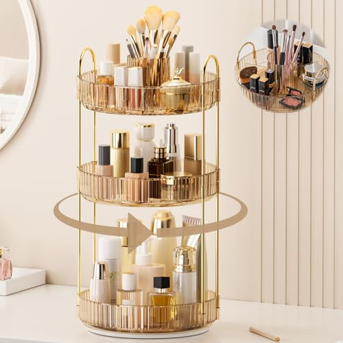 360° Rotating Makeup Organizer, Upgraded 3 Tier Skincare Perfume Organizers for Women, Bathroom Organizer Countertop, Clear Cosmetic Dresser Organizer with Makeup Brush Holder, Sink&Counter(Amber) | Amazon (US)