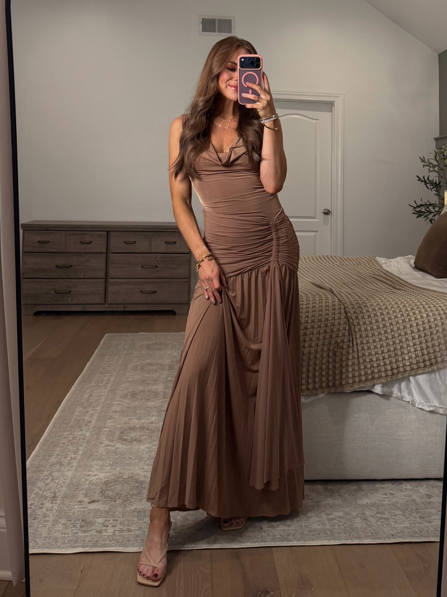 Wearing size XS!! Very stretchy  Fall wedding guest dress affordable brown neutral tan fall colors maxi slinky sexy cute mom dress stretchy 

#LTKWedding #LTKShoeCrush