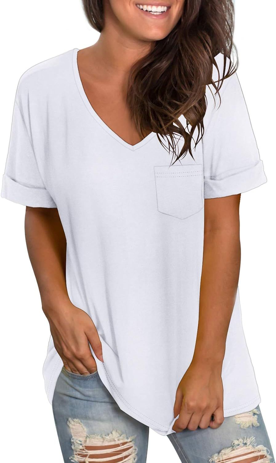 Womens Short Sleeves V Neck T Shirts Loose Fit Summer Tops | Amazon (US)
