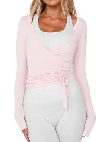 Womens Wrap Tie Top Y2k Long Sleeve Deep V Neck Cross Tie Ballet Workout Yoga Coquette Top (US, Alpha, Small, Regular, Regular, Pink) | Amazon (US)