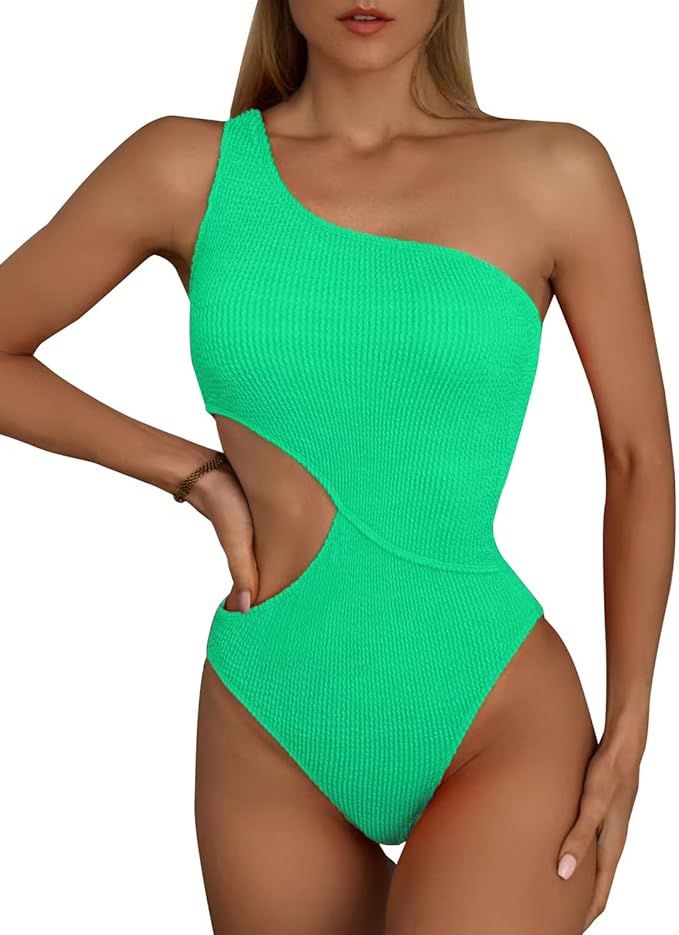 Women's Cutout One Piece Swimsuit One Shoulder Swimwear Ribbed Monokini Bathing Suits | Amazon (US)