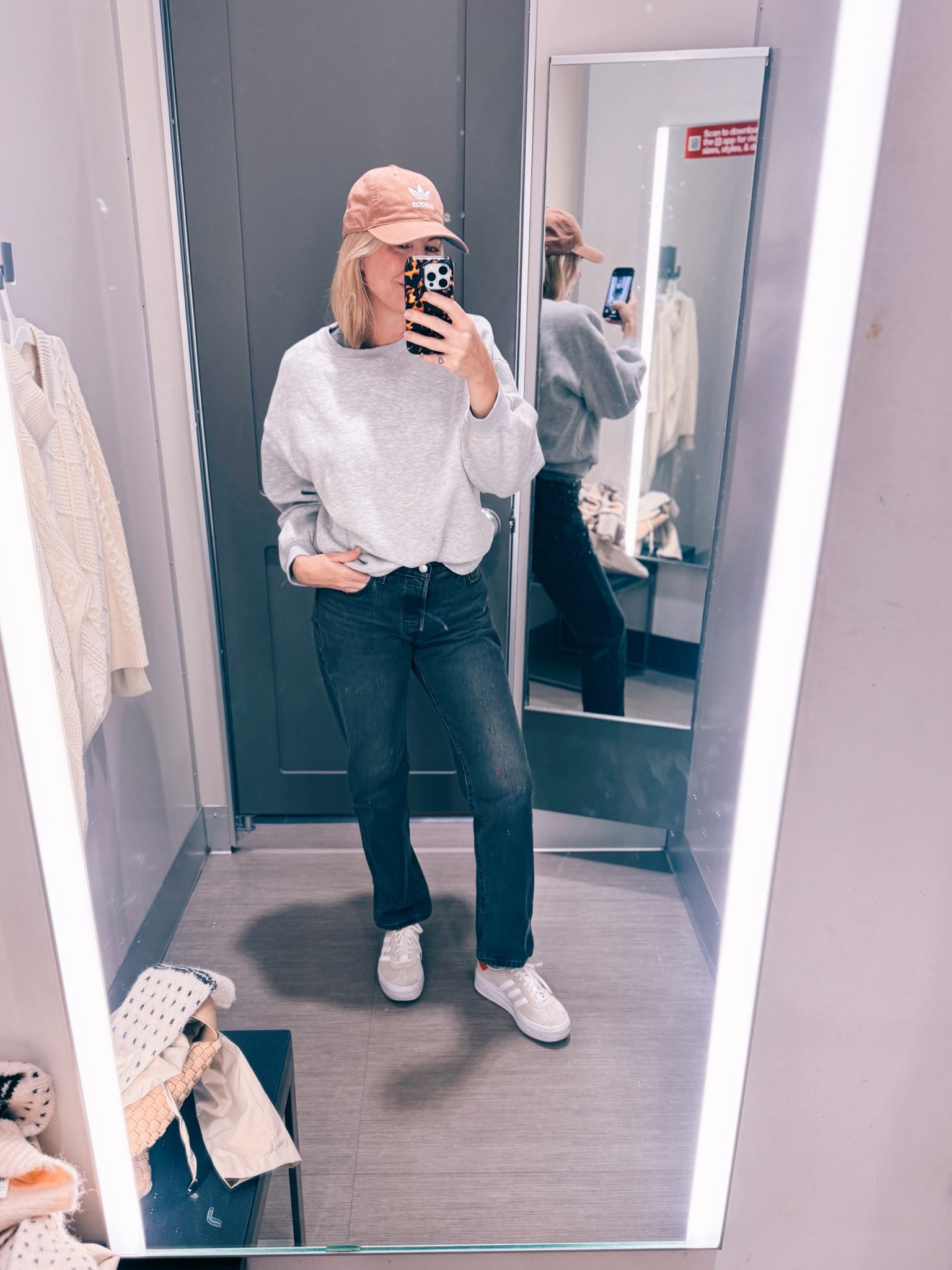 Casual fall/ winter outfit | new items at target | grey pullover sweatshirt | dark Levi jeans | target sneakers