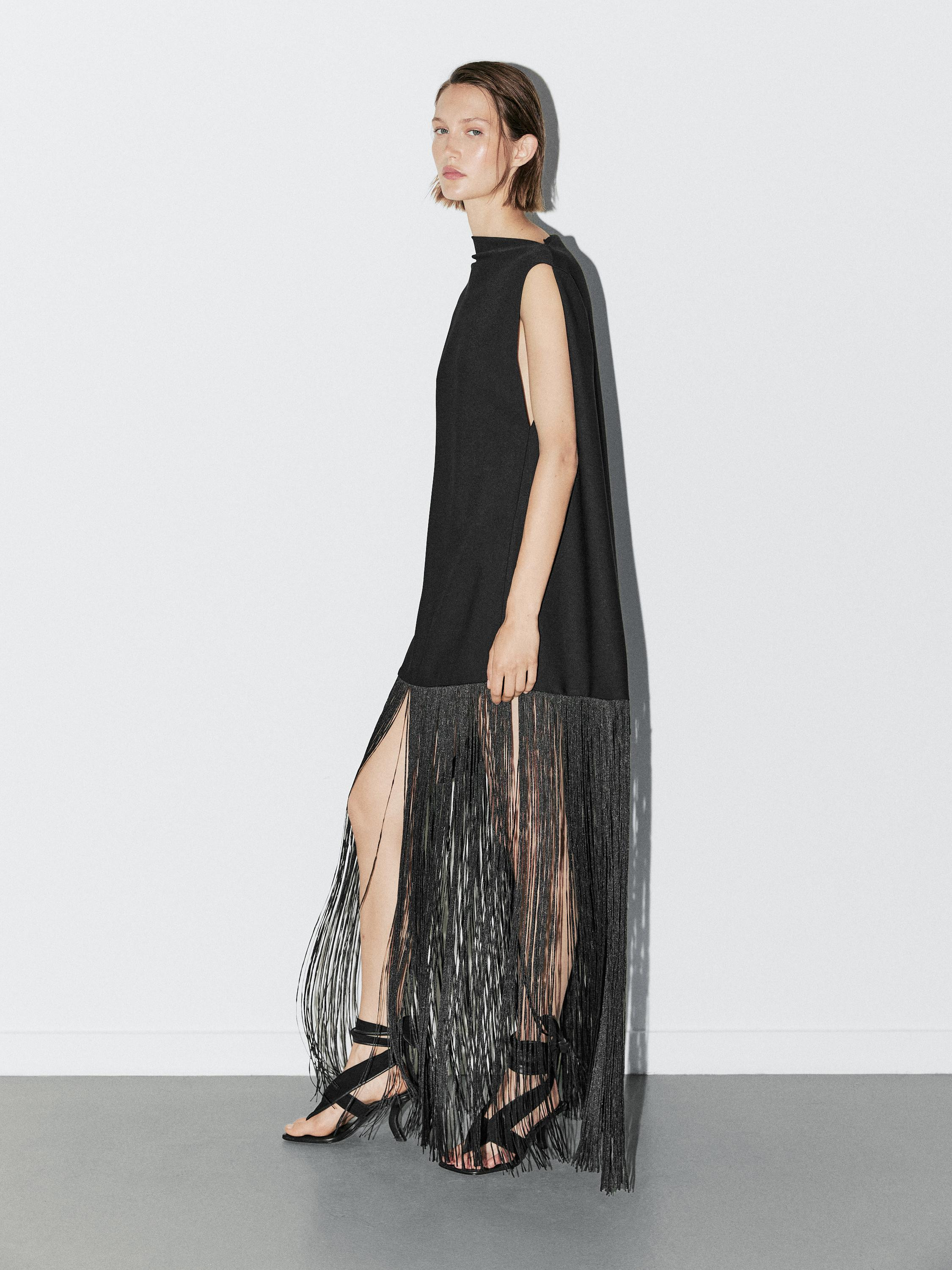Long dress with fringe detail - STUDIO | Massimo Dutti US
