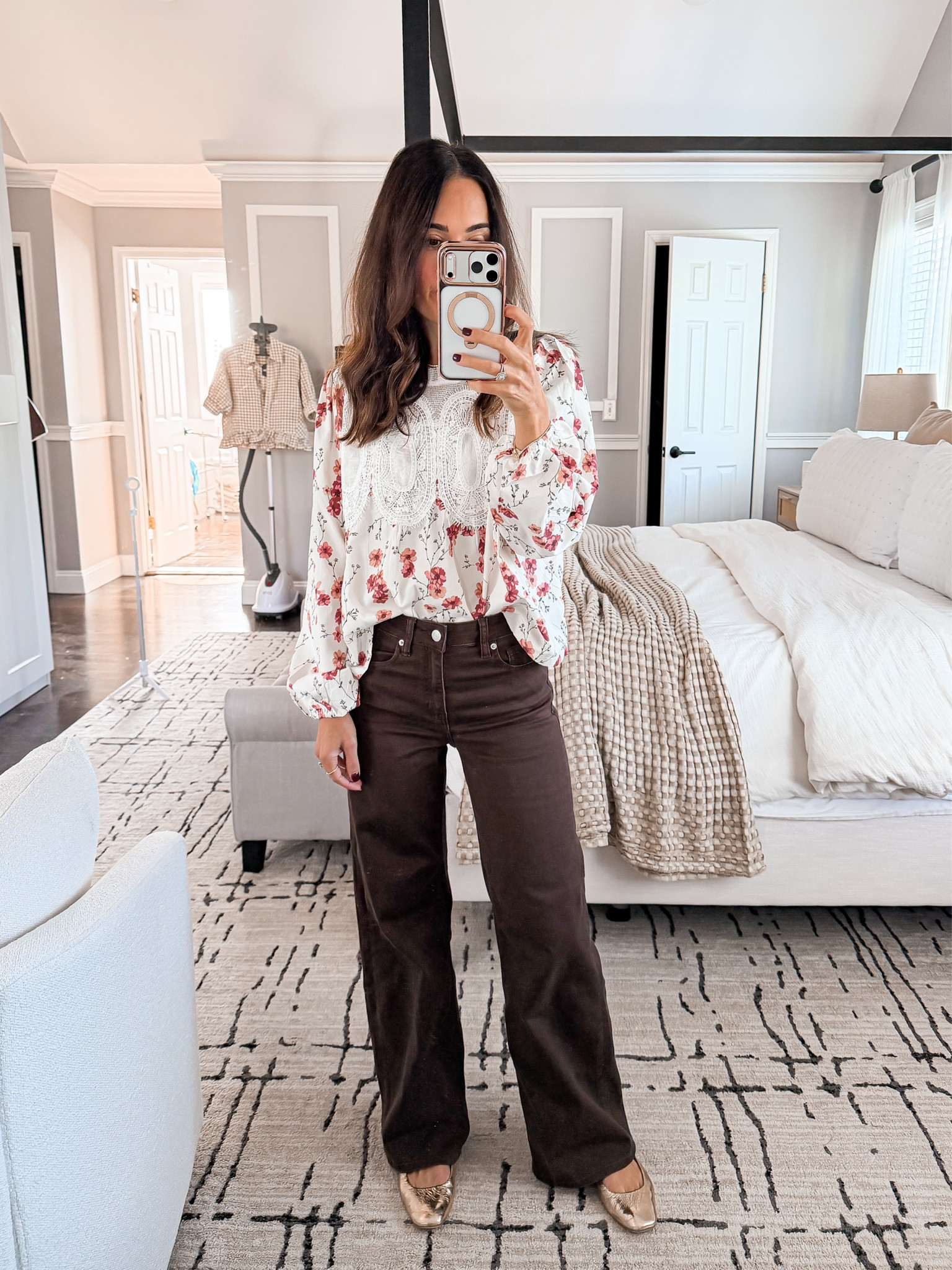 This floral lace blouse looks so high-end 😍 Paired it with my dark chocolate wide-leg jeans — wearing small in the top, 26 in jeans.
#feminineoutfit #fallstyle #mrsCasualFinds

#LTKHoliday #LTKGiftGuide #LTKSeasonal
