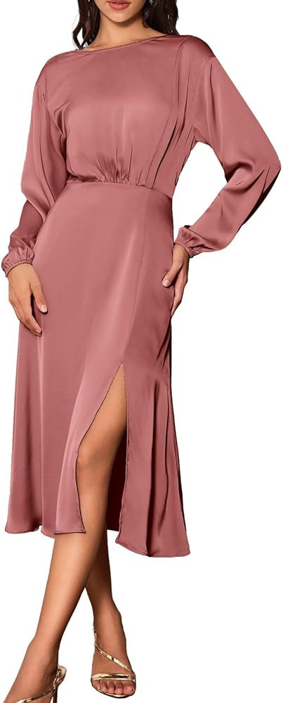 GRACE KARIN Women's Long Sleeve Satin Wedding Guest Dress with Slit Elegant Boat Neck High Waist ... | Amazon (US)