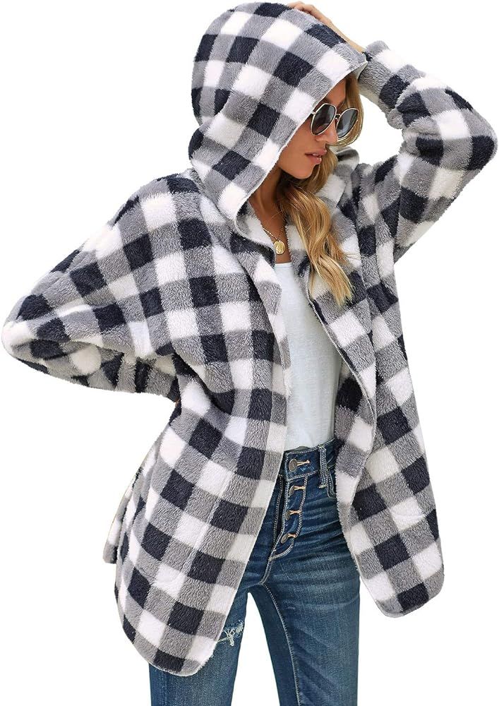 Utyful Women’s Long Sleeve Loose Fit Open Front Hood Cardigan Fuzzy Fleece Jacket Coat Outwear | Amazon (US)