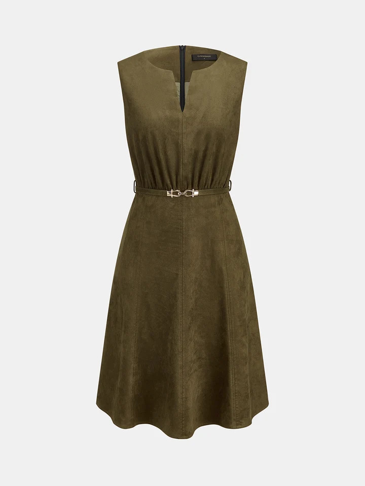Faux Suede Sleeveless Belted Midi Dress | Commense