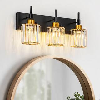Orillia 19.3 in. 3-Light Black and Gold Crystal Bathroom Vanity Light with Shades for Bathroom Powder Room Kitchen | The Home Depot