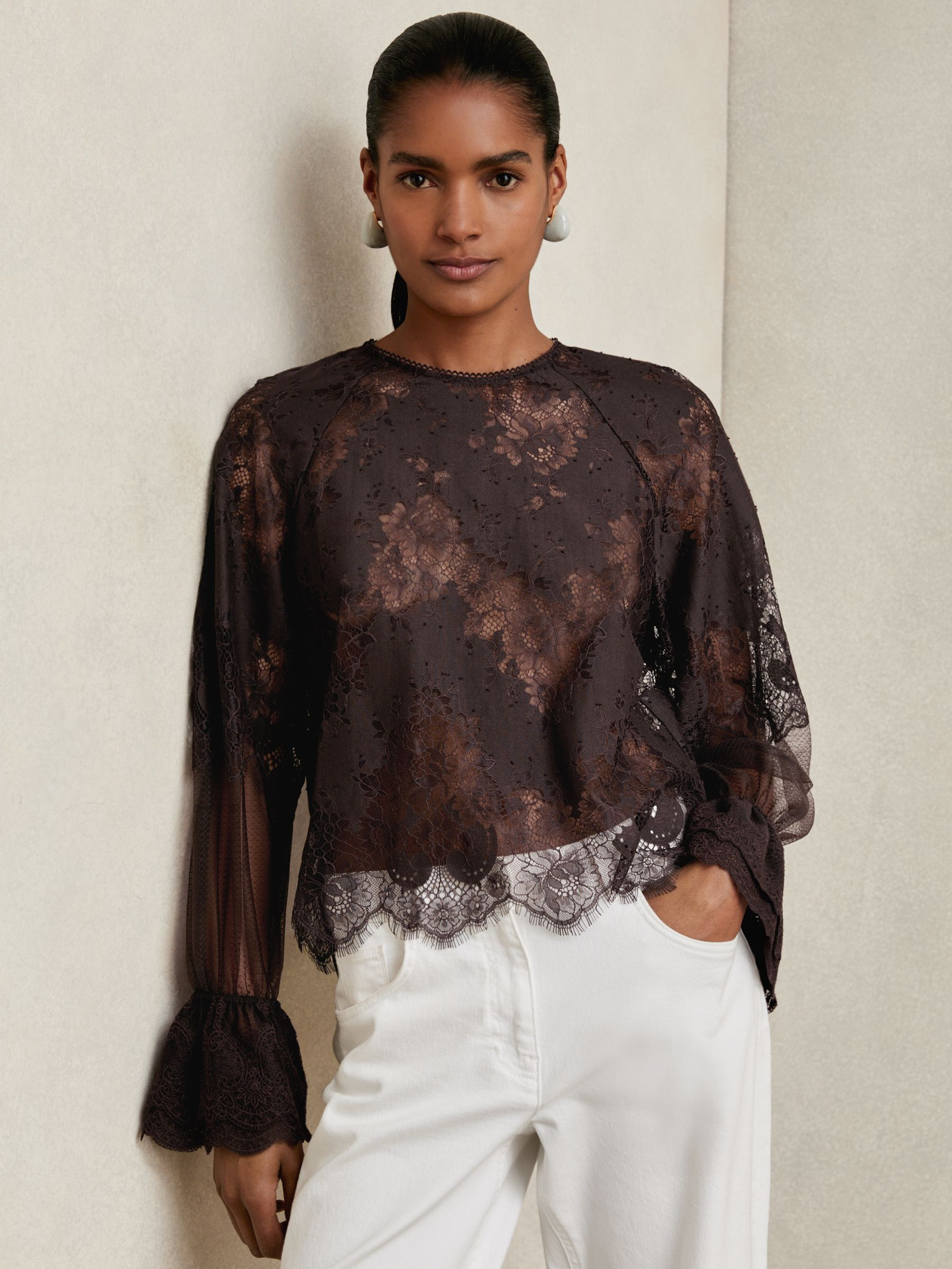 Reiss Lace Flared Cuff Blouse in Chocolate Brown | REISS | Reiss US