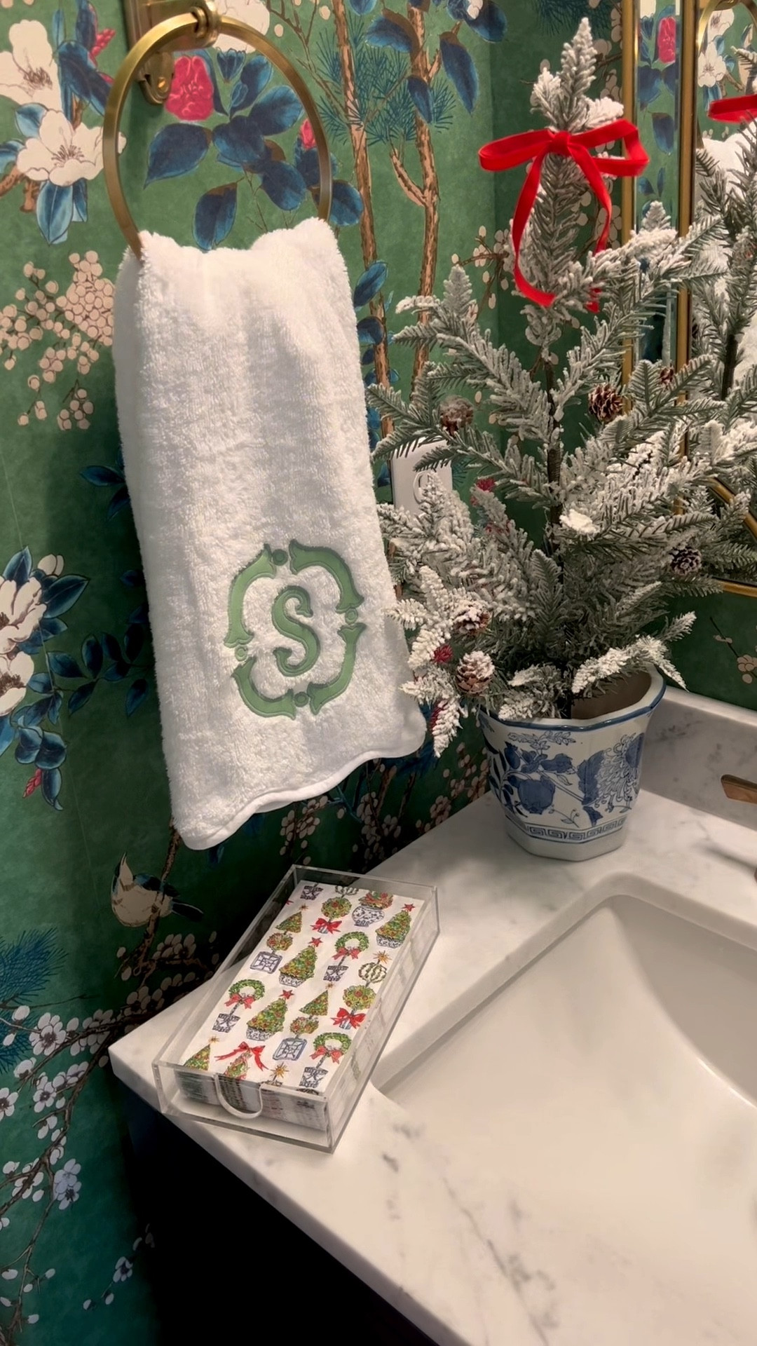 Chinoiserie Christmas decor - bathroom decor - powder room - grandmillennial style - classic home - traditional home decor - home decor - TikTok - watch now / home decor TikTok - Christmas decor - holiday decor - christmas  party - hostess gift - Anthropologie - Weezie towels - bathroom towels - monogram towels - Wayfair mirror 

#LTKSeasonal #LTKHome #LTKHoliday
