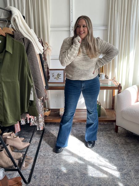 Tried the flare denim again. I do like the trend but these are too long so i rolled and will hem. They are super comfy and otherwise fir great. Sweater is stunning in person. I am in the large  #jeans #flare #sweater 

#LTKSeasonal #LTKcurves #LTKstyletip