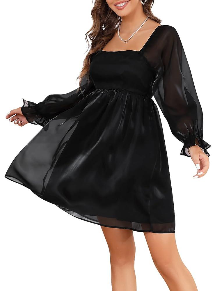 Women's Plus Size Tulle Dress Square Neck Puff Sleeve Puffy Babydoll Mesh Mini Dress | Amazon (US)