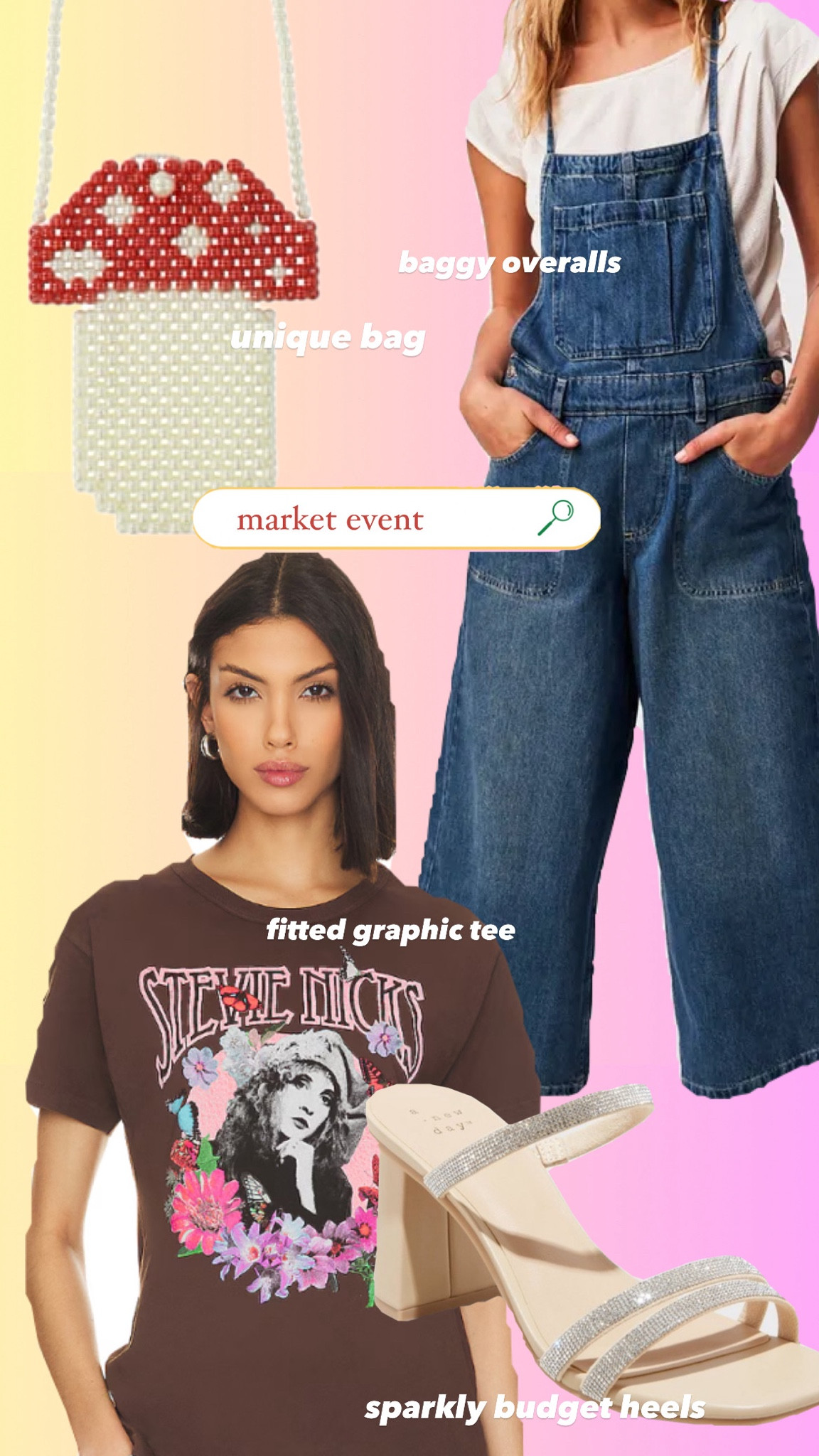 Summer market outfit idea with overalls, graphic tees, mushrooms, and sparkly heels ! 

#LTKItBag #LTKStyleTip #LTKMidsize