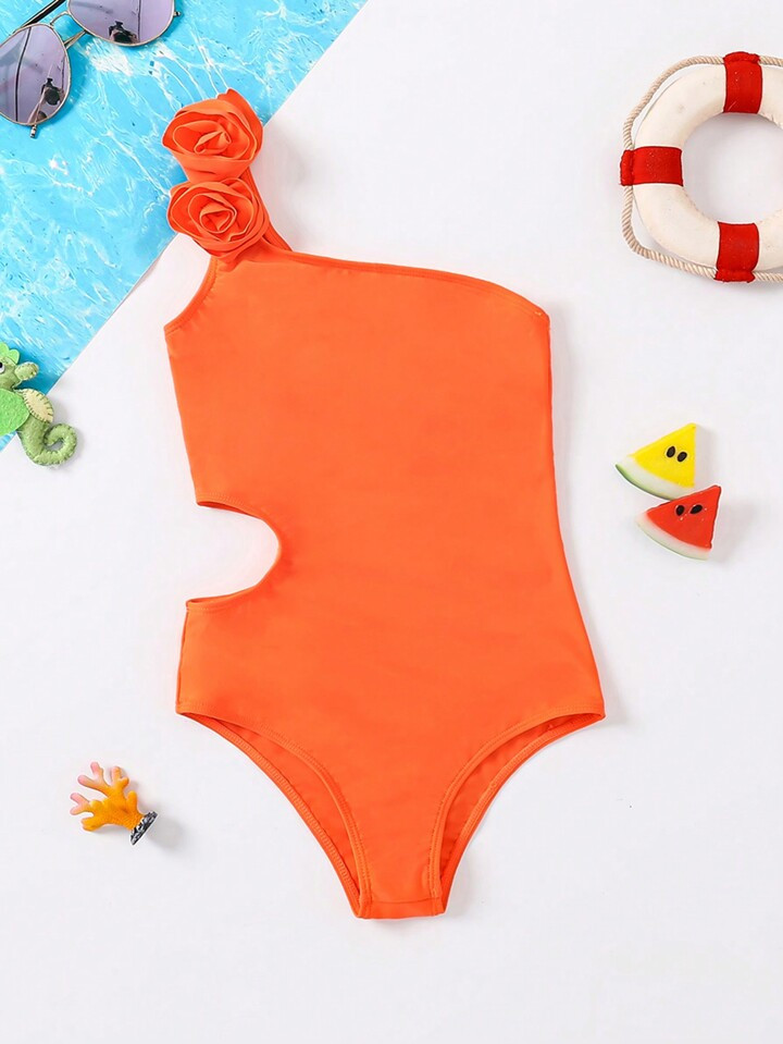 SHEIN Tween Girl Holiday Casual Spring/Summer Floral Patched Knitted Solid One-Shoulder One-Piece... | SHEIN