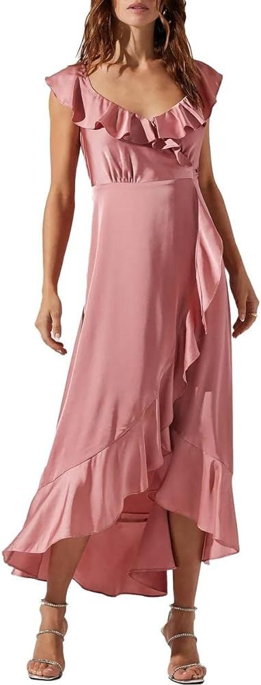 ASTR the label Women's Satin Ruffled Maxi Wrap Dress with Deep V-Neck | Amazon (US)