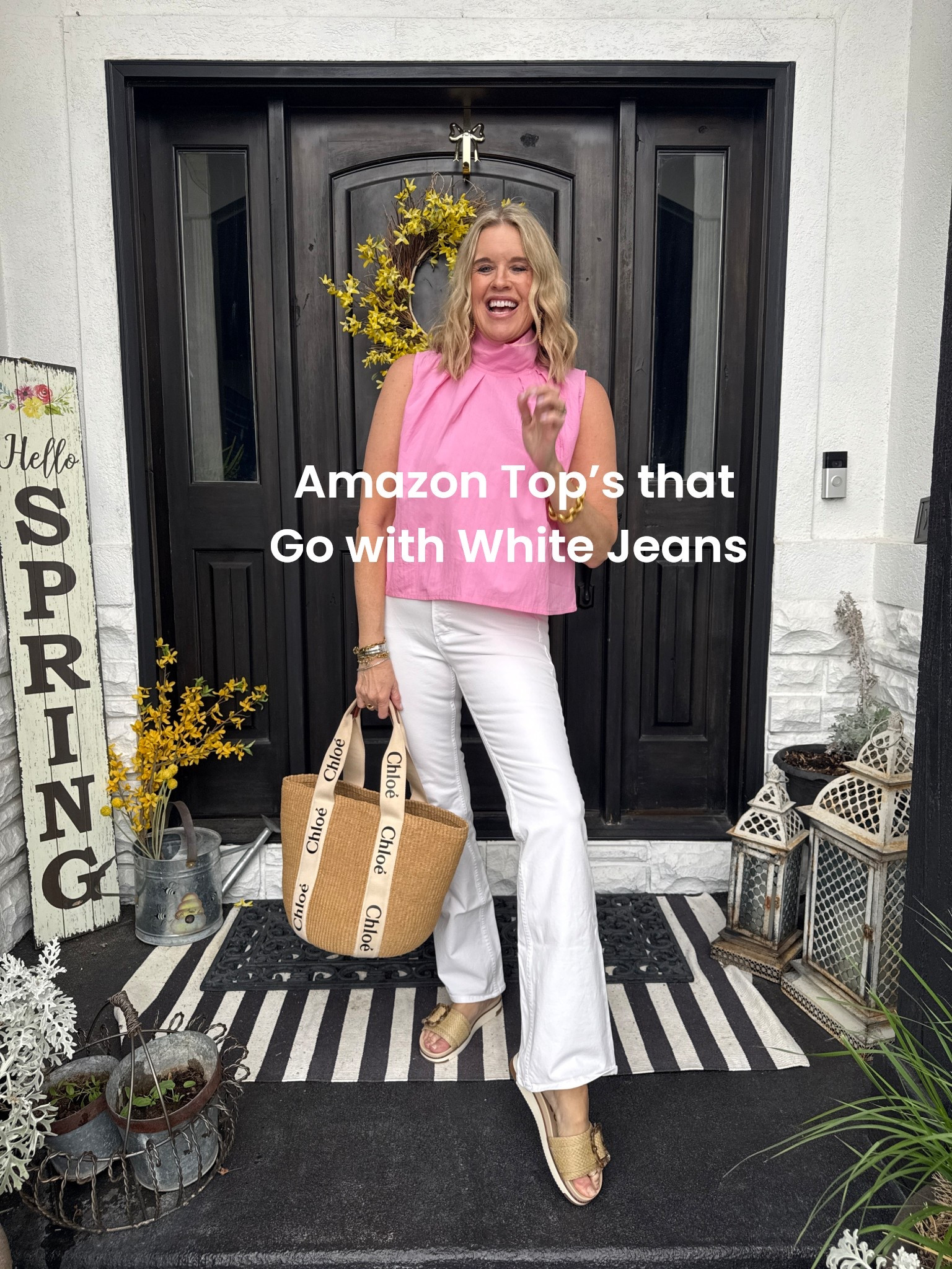 Amazon too that go with white jeans!
How cute is this pink  vaulter neck pink tank Top🌸
Fits tts I am in med

White jeans with a slight flair 

Sam Edelman shoe 
Comfortable and so cute

Chloe straw tote bag perfect for summer/beach bag 



#LTKgrwm #LTKootd #LTKOver40