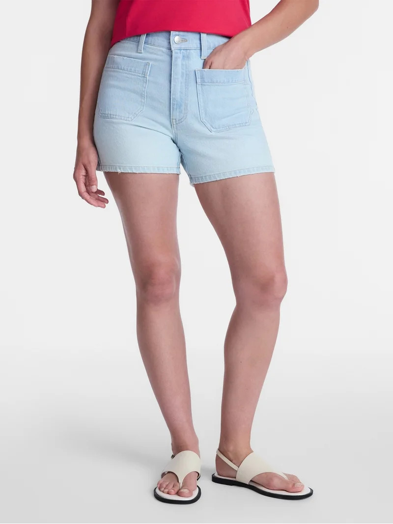 Time and Tru Women's High Rise Patch Pocket Denim Shorts, 4" Inseam, Sizes 0-20 | Walmart (US)