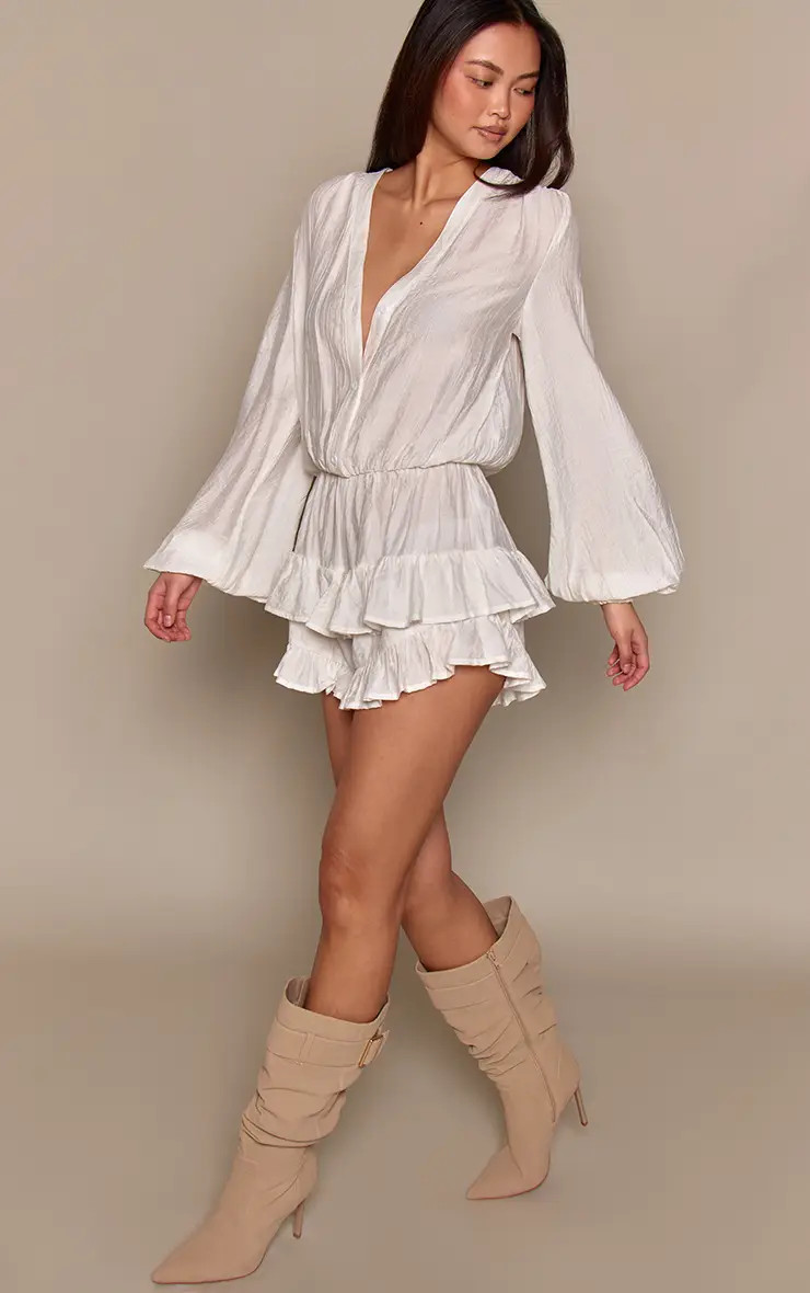 White Chiffon Shift Frill Playsuit | PrettyLittleThing US