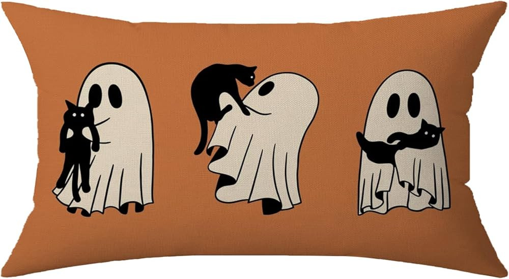Halloween Pillow Cover 12x20 Cute Ghost Holding Black Cat Brown Orange Autumn Fall Throw Pillowca... | Amazon (US)